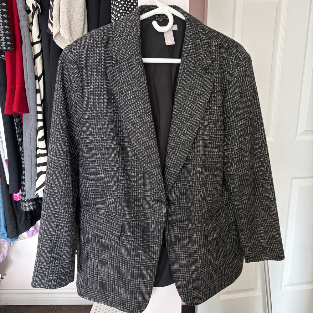 H&M Black and Gray Plaid Blazer